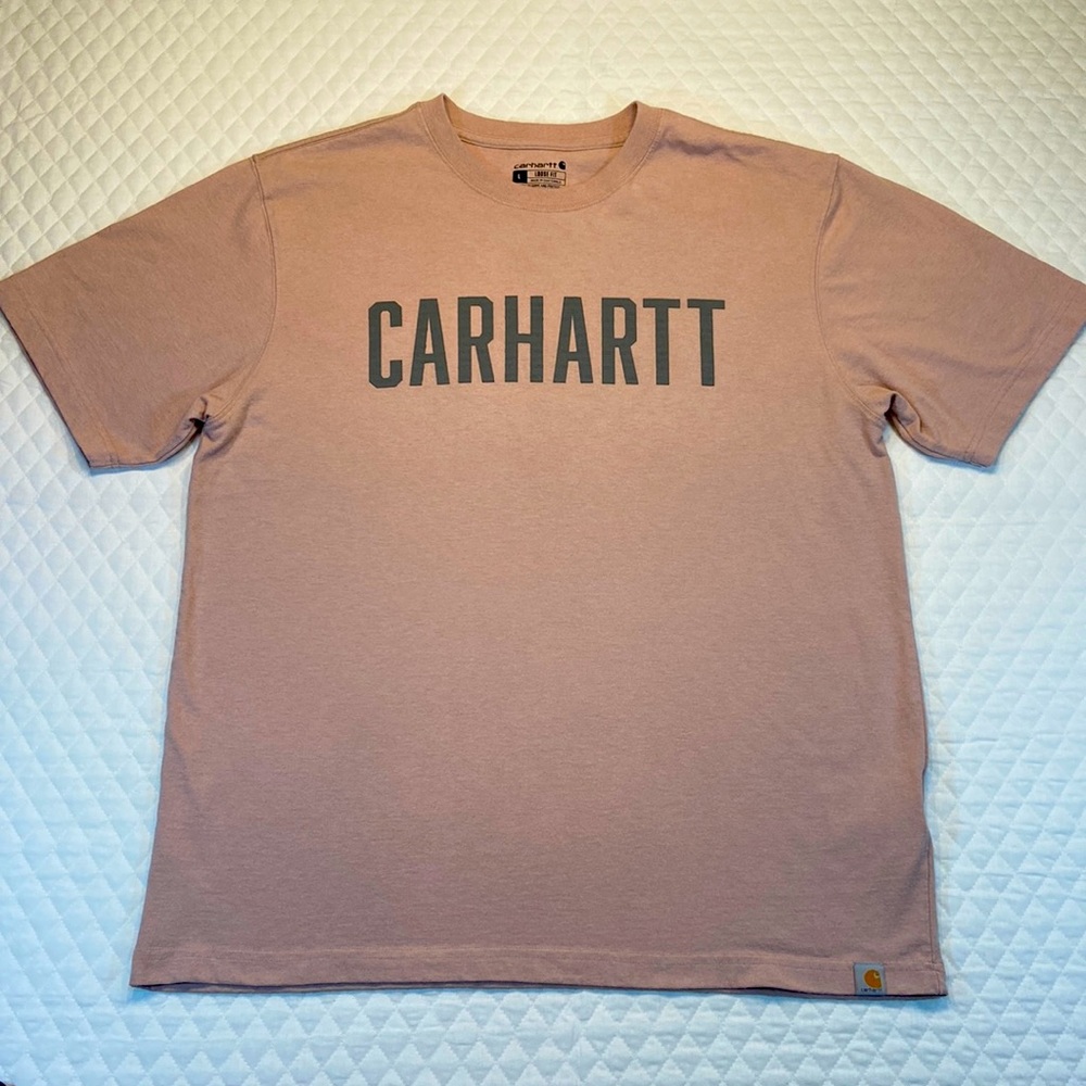 Carhartt Loose Fit T-Shirt. Pink Tan. Logo on Front. Large.
